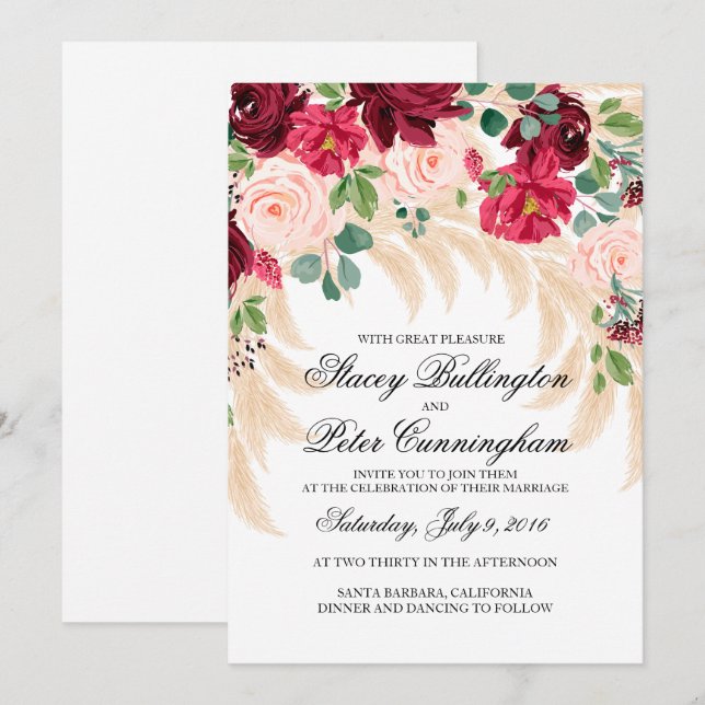 Einladung Marsala Pampas Rose Pampas Gras Hochzeit (Vorne/Hinten)