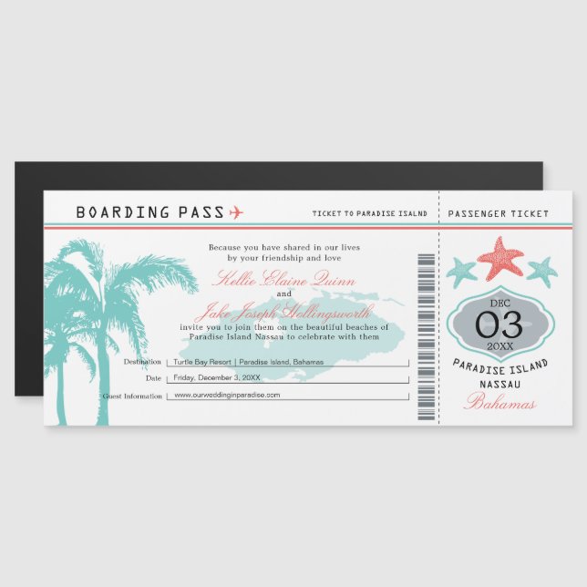 Einladung Nassau Bahamas Wedding Boarding Pass (Vorne/Hinten)