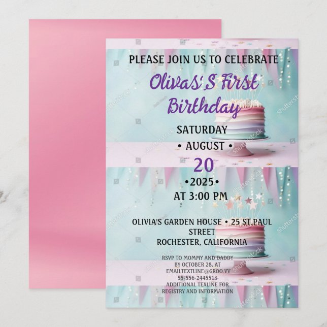 Einladung ONEderful Pink Floral 1. Geburtstag (Vorne/Hinten)