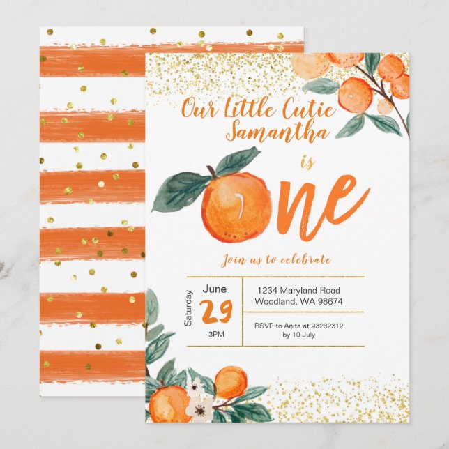 Einladung Orange zum ersten Geburtstag (Vorne/Hinten)