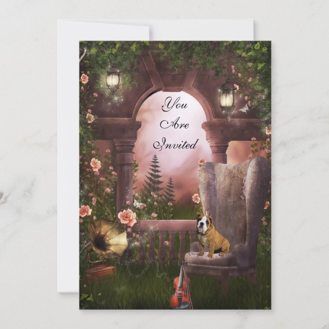 Einladung Party Mondlicht Violine Dog Gramaphon (Vorderseite)