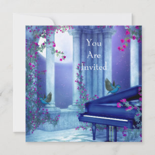 Einladung Party Piano Birds Moonlight Blau
