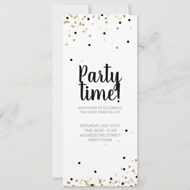 Einladung Party Time Gold Confetti Handschrift (Vorderseite)