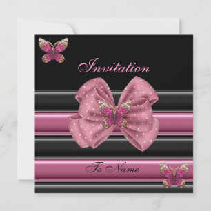 Einladung Pink Butterfly Bow Black Strip 2