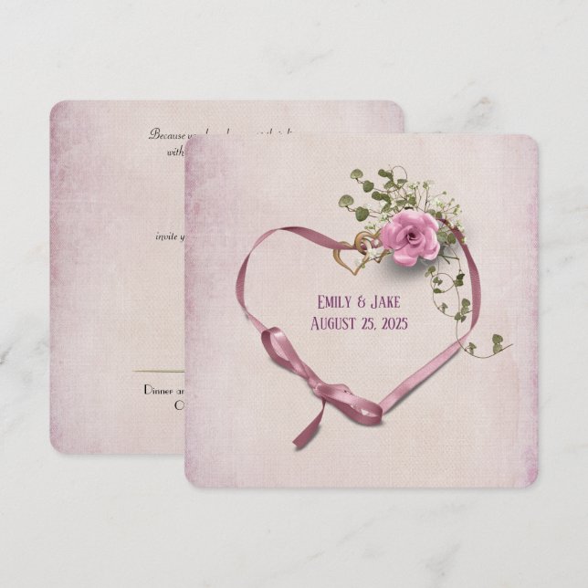 Einladung rosa Band Herz mit Ringen (Vorne/Hinten)