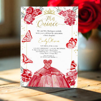 Einladung Rotes Kleid Blumenstrauß Gold Foil