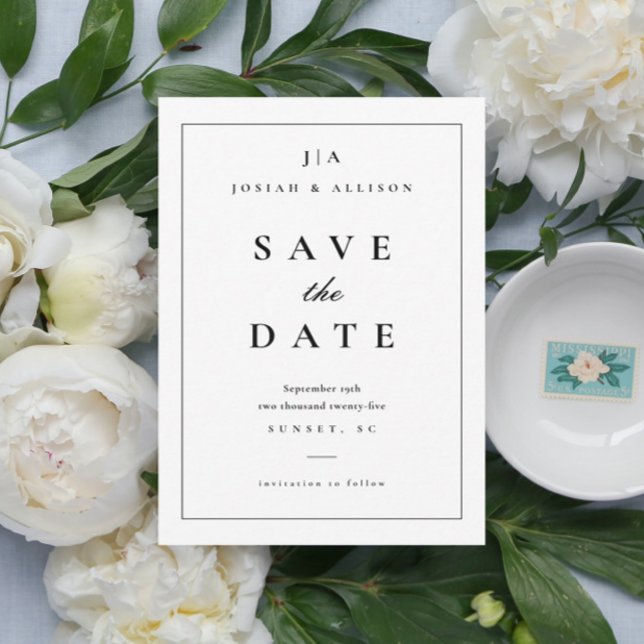 Einladung Save the Date für die klassische Monogra (Classic black and white elegant wedding monogram save the date announcement card.)