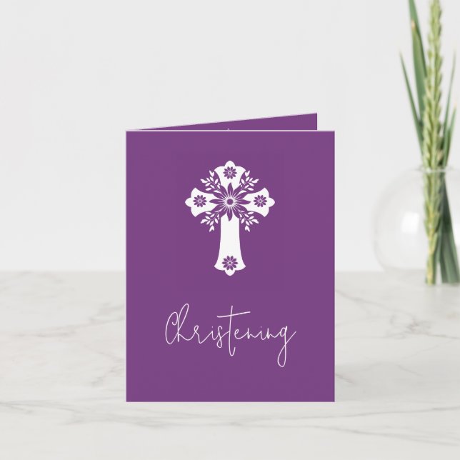 Einladung (schreiben) Blumenkreuz Taufe Sweet Plum (Vorderseite)
