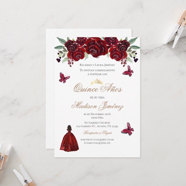 Einladung Spanisch Quinceanera rot Blumen einladen (Vorderseite/Rückseite Beispiel)