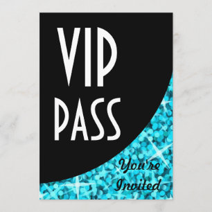 Einladung "VIP Pass", Glitz Blue Black Kurvenform