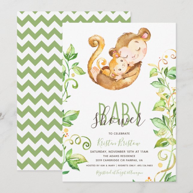 Einladung von Affen Zoo Animal Green Baby Shower (Vorne/Hinten)