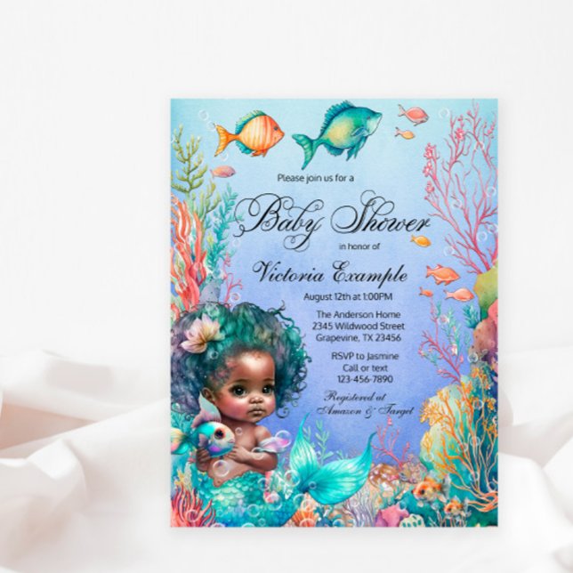 Einladung von Afrikanischer Meerjungfrau-Kinderdus Postkarte (Cute mermaid postcard baby shower invitation. )