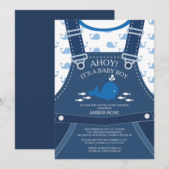 Einladung von Ahoy Whale Nautical Baby Shower (Vorne/Hinten)