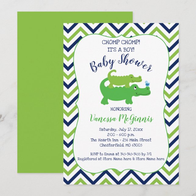 Einladung von Alligator Green Blue Boy Baby Shower (Vorne/Hinten)