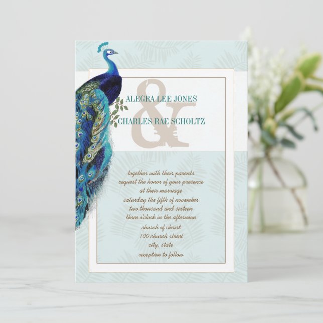 Einladung von Aqua Blue und Brown Peacock Hochzeit (Stehend Vorderseite)