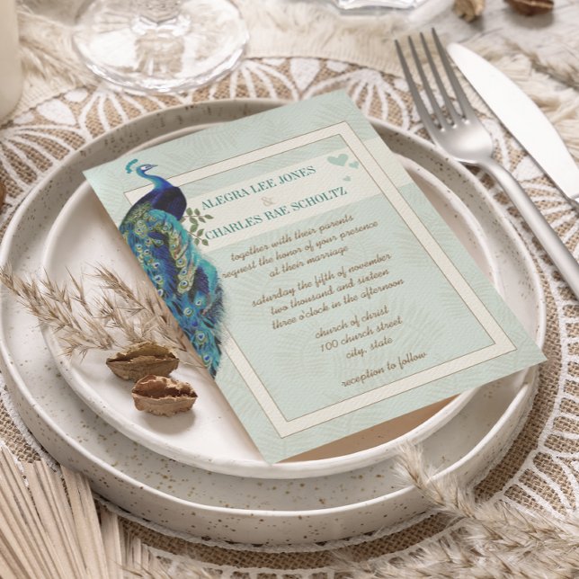 Einladung von Aqua Blue und Brown Peacock Hochzeit (Von Creator hochgeladen)