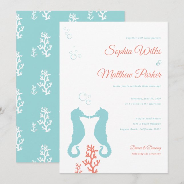 Einladung von Aqua und Coral Seepferd Hochzeit (Vorne/Hinten)