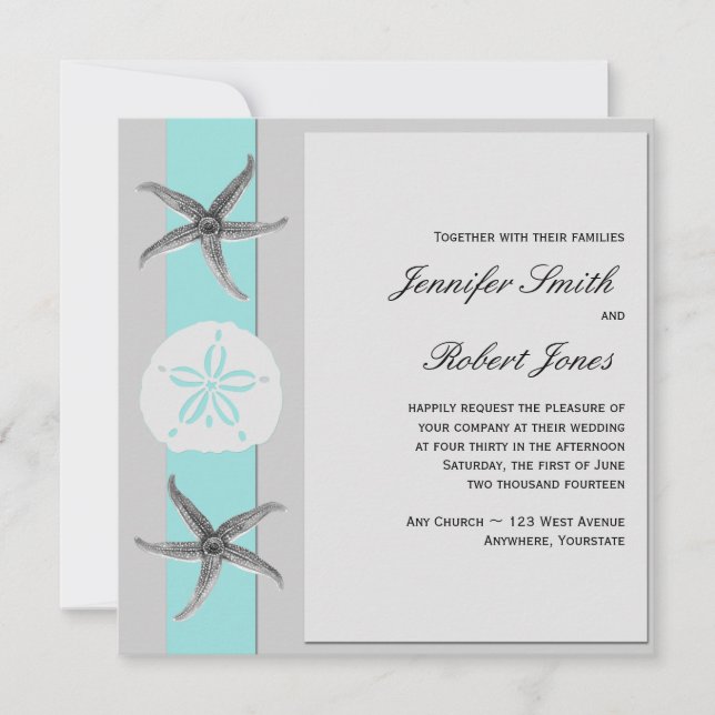 Einladung von Aqua und Grey Band Starfish Hochzeit (Vorderseite)