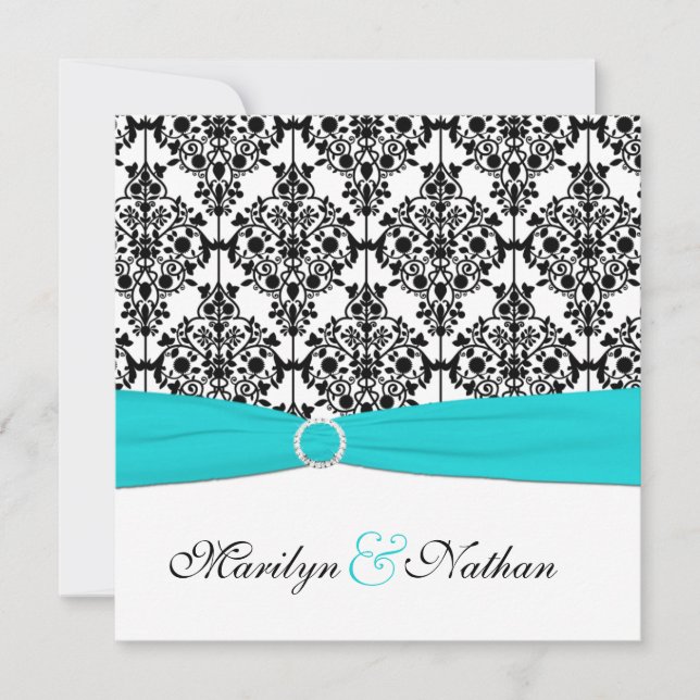 Einladung von Aqua, White und Black Damask Square  (Vorderseite)