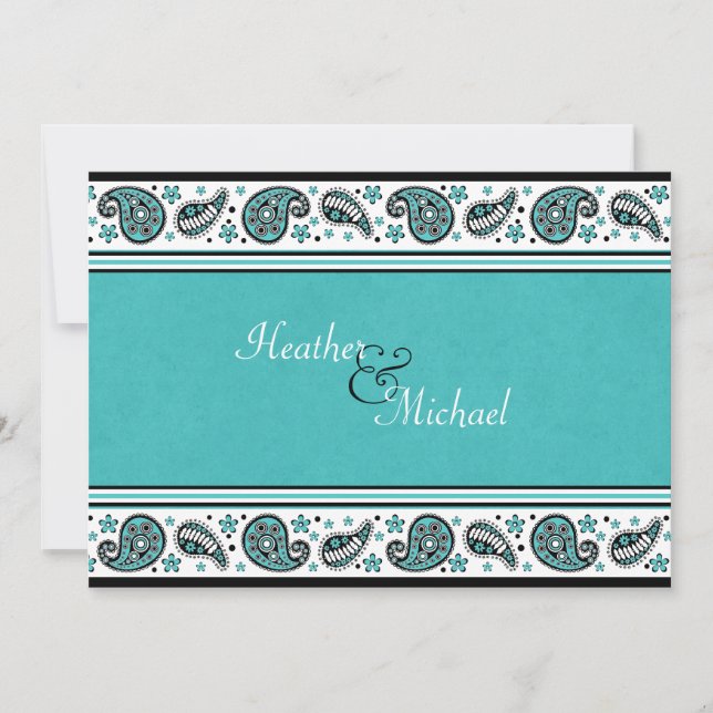 Einladung von Aqua, White und Black Paisley (Vorderseite)