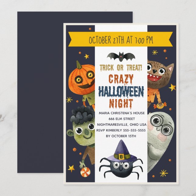 Einladung von Aquarellmonstern Halloween-Party (Vorne/Hinten)
