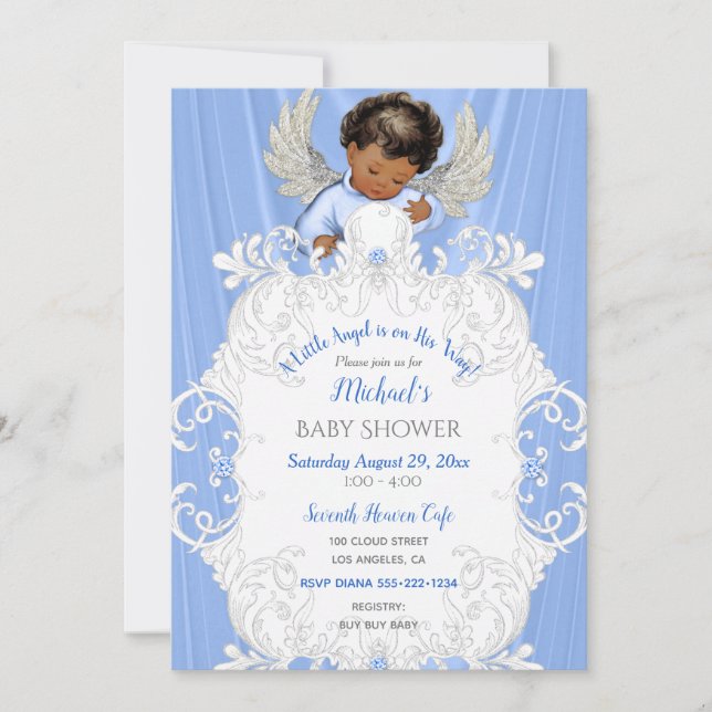 Einladung von Baby Angel Blue Silver Dark Skin Ton (Vorderseite)