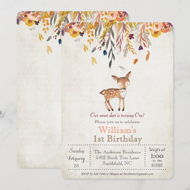 Einladung von Baby Deer Herbst 1. Geburtstag (Vorne/Hinten)