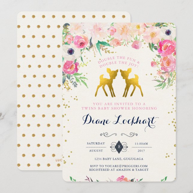 Einladung von Baby Deer Twin Baby Dusche (Vorne/Hinten)