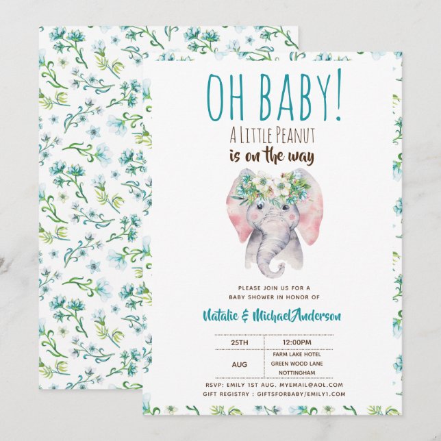 Einladung von Baby Elephant Dusche, Boho Floral (Vorne/Hinten)