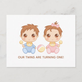 Einladung von Baby Twins zum ersten Geburtstag Postkarte