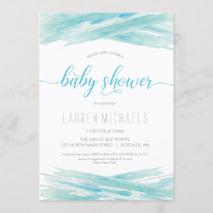 Einladung von Babydusche - Wasserfarbe, Blau, Silb