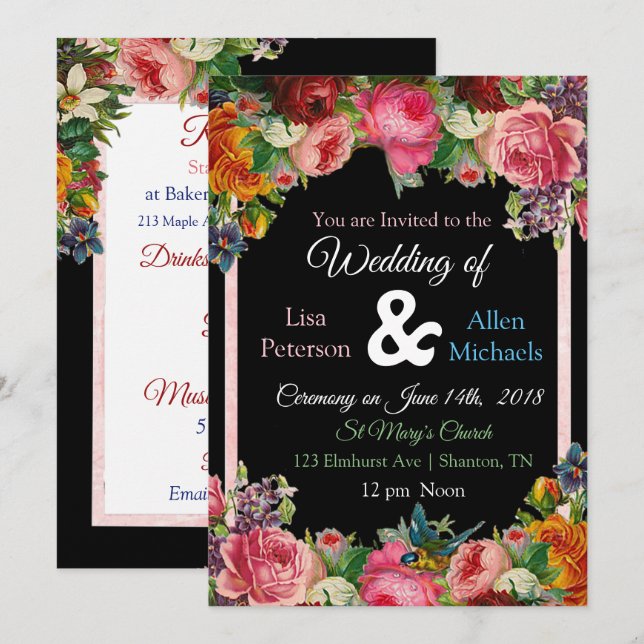 Einladung von Bird Floral Wedding Rose Burgund (Vorne/Hinten)