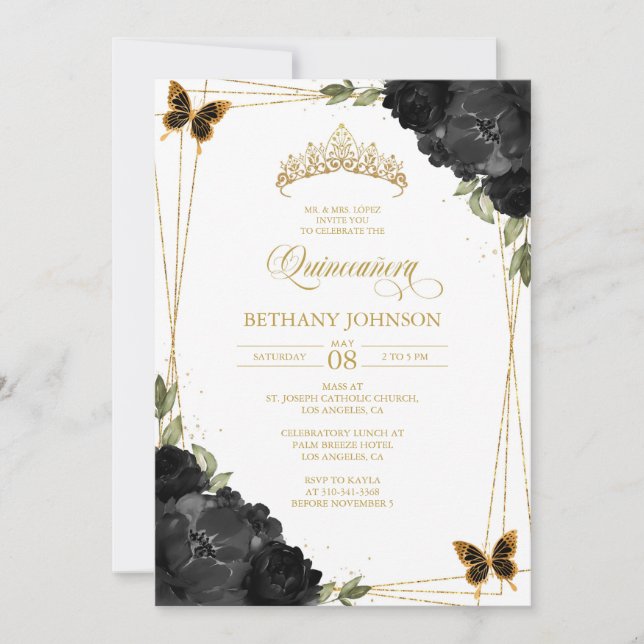 Einladung von Black and Gold Quinceañera (Vorderseite)