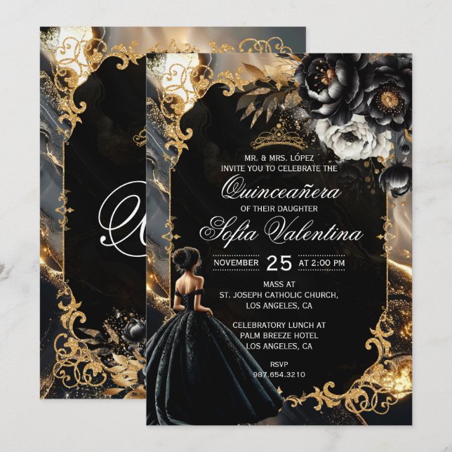 Einladung von Black and Gold Quinceañera (Vorne/Hinten)