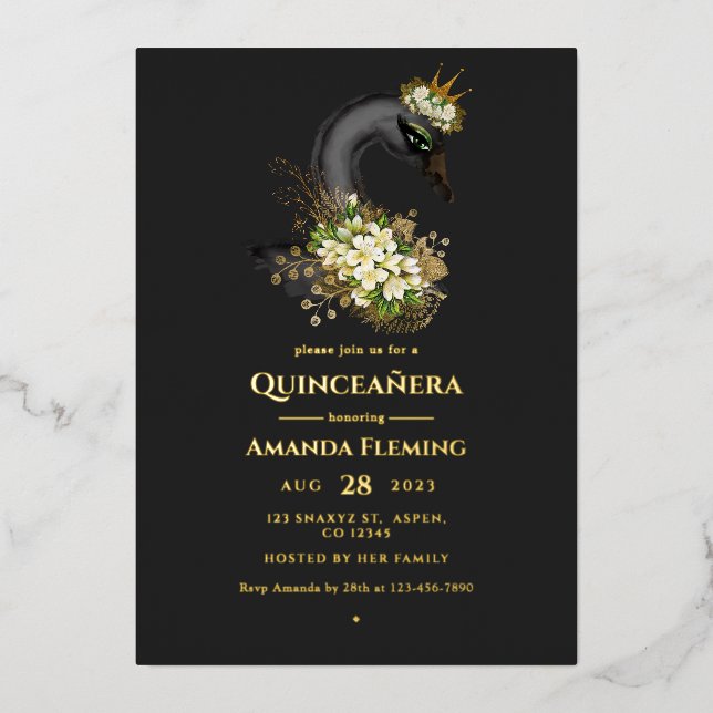 Einladung von Black and Gold Swan Quinceañera (Vorderseite)