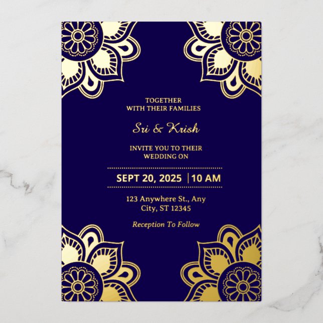 Einladung von Blue and Gold Wedding Foil (Vorderseite)