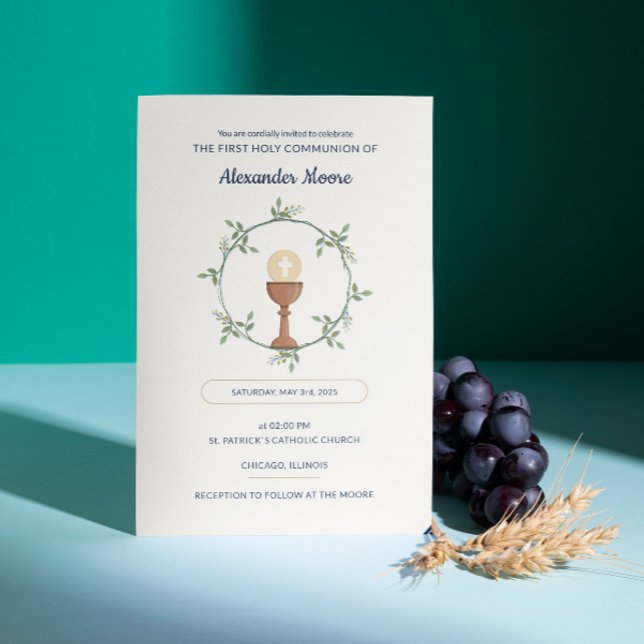 Einladung von Blumenkranken - Benutzerdefinierter  (Horizontal First Communion card invitation with Floral Wreath)