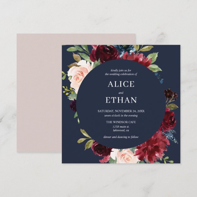 Einladung von Boho Burgundy und Navy Blue Floral (Vorne/Hinten)