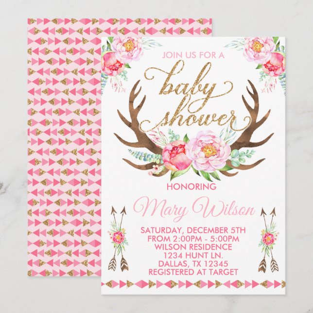Einladung von Boho Floral Deer Antler Baby Shower (Vorne/Hinten)