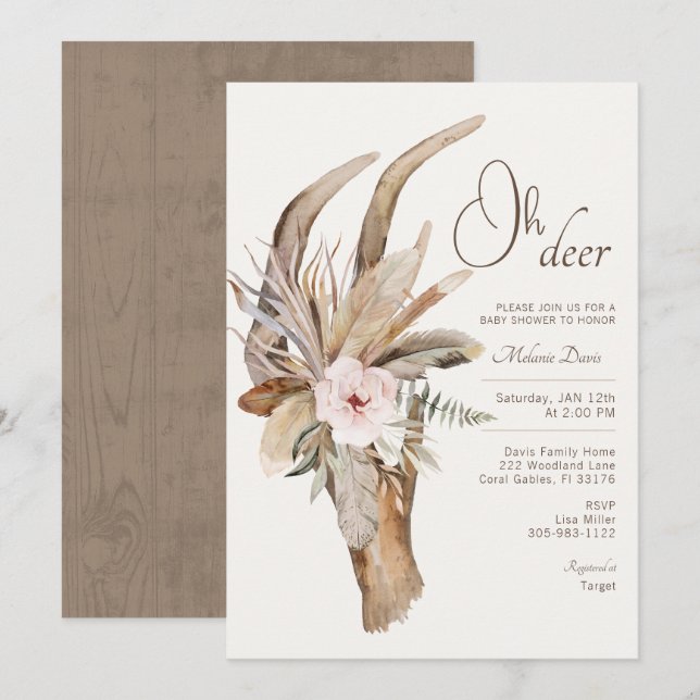 Einladung von Boho Floral Deer Baby Shower - Water (Vorne/Hinten)
