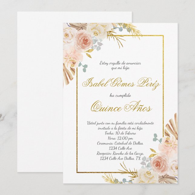 Einladung von Boho floral Quince auf Spanisch (Vorne/Hinten)