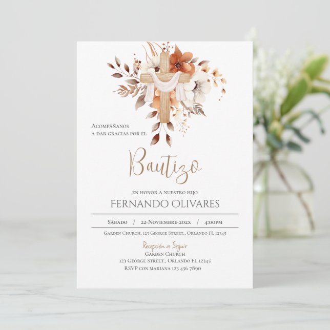 Einladung von Boho Floral zur Taufe (Stehend Vorderseite)
