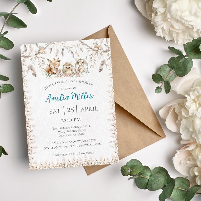 Einladung von Boho Forest Animal Baby Shower (Woodland Babies Boho Forrest Baby Shower Invitation)