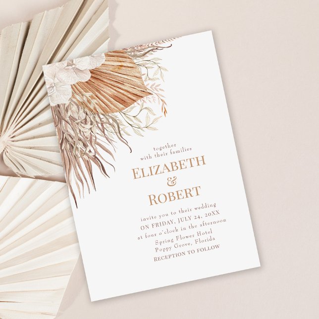 Einladung von Boho Neutral Pampas Garden Hochzeit (Neutral Pampas Grass Wedding Invitation on dusty rose background)