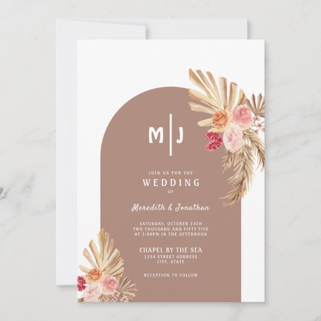 Einladung von Boho Pampas Grass Floral Arch Hochze (Vorderseite)