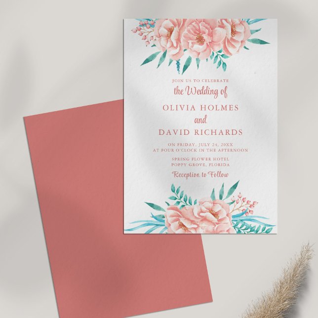 Einladung von Boho Peach und Pink Floral Wedding (Boho Peach and Pink Floral Wedding Invitation on white table.)