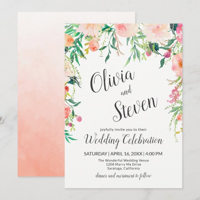 Einladung von Boho Pink Watercolor Floral Wedding (Vorne/Hinten)