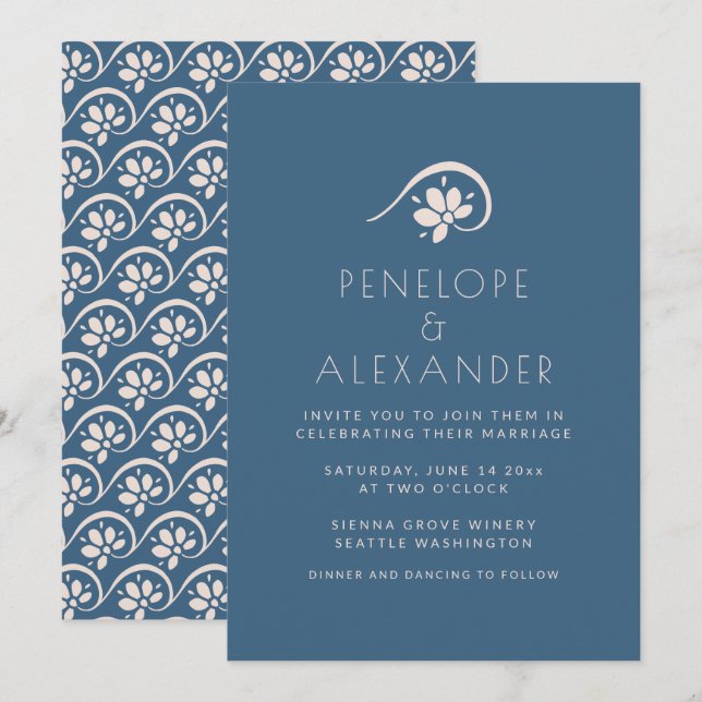 Einladung von Boho Scandinavian Blue Floral Weddin (Vorne/Hinten)