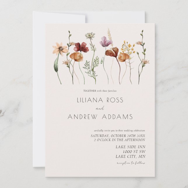 Einladung von Boho Simple Wildblume Hochzeit (Vorderseite)
