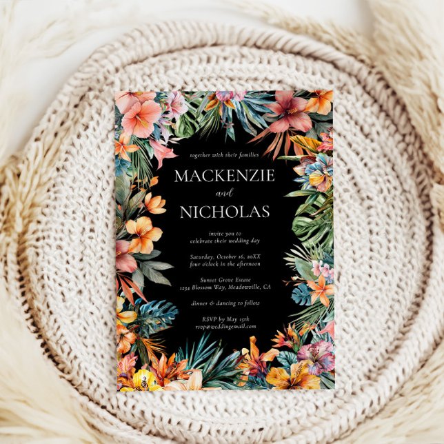 Einladung von Boho Tropical Floral Black (tropical wedding invitation black
)